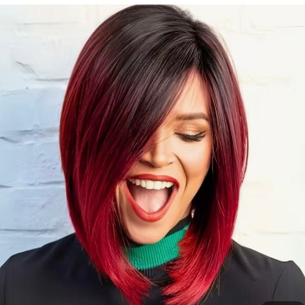 12 Inch Ombre Red Short Bob Wig with Straight center Part & Bangs